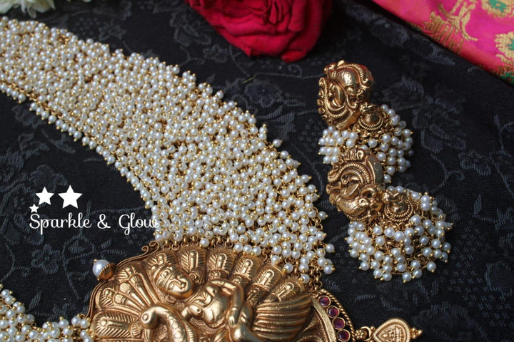 Gold alike polished Lord Kartikeyan statement pearl haram - Sparkle and Glow