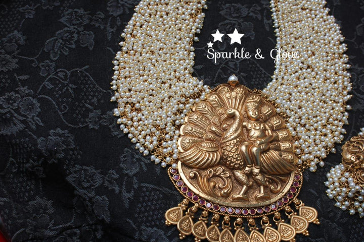 Gold alike polished Lord Kartikeyan statement pearl haram - Sparkle and Glow