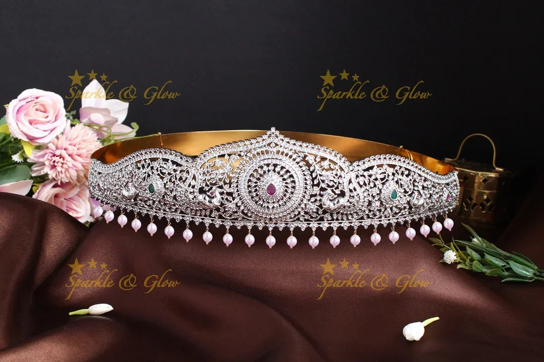 Silver finish peacock carved leaf design hipbelt with pearls - Sparkle and Glow