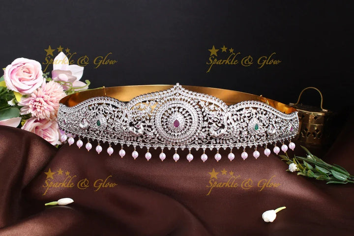 Silver finish peacock carved leaf design hipbelt with pearls - Sparkle and Glow