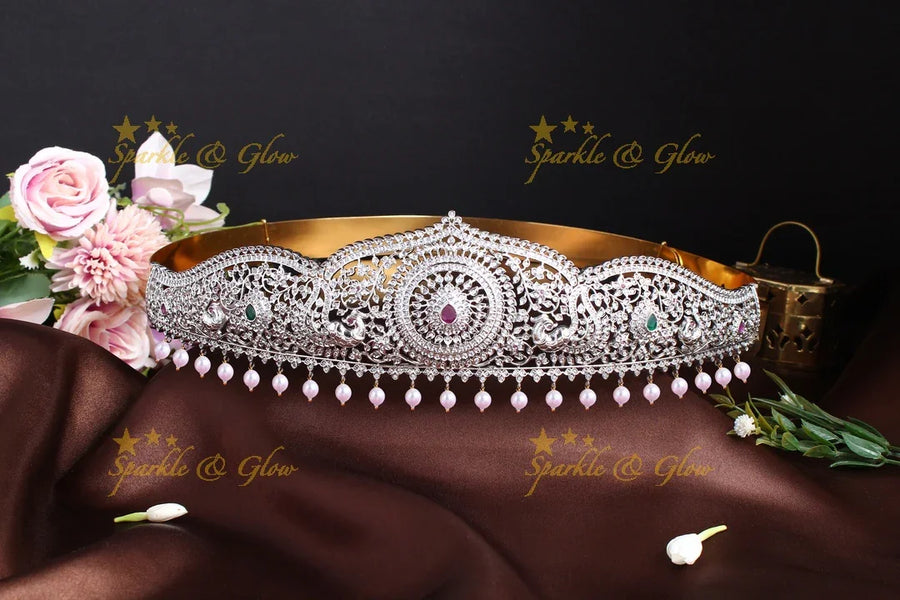 Silver finish peacock carved leaf design hipbelt with pearls - Sparkle and Glow