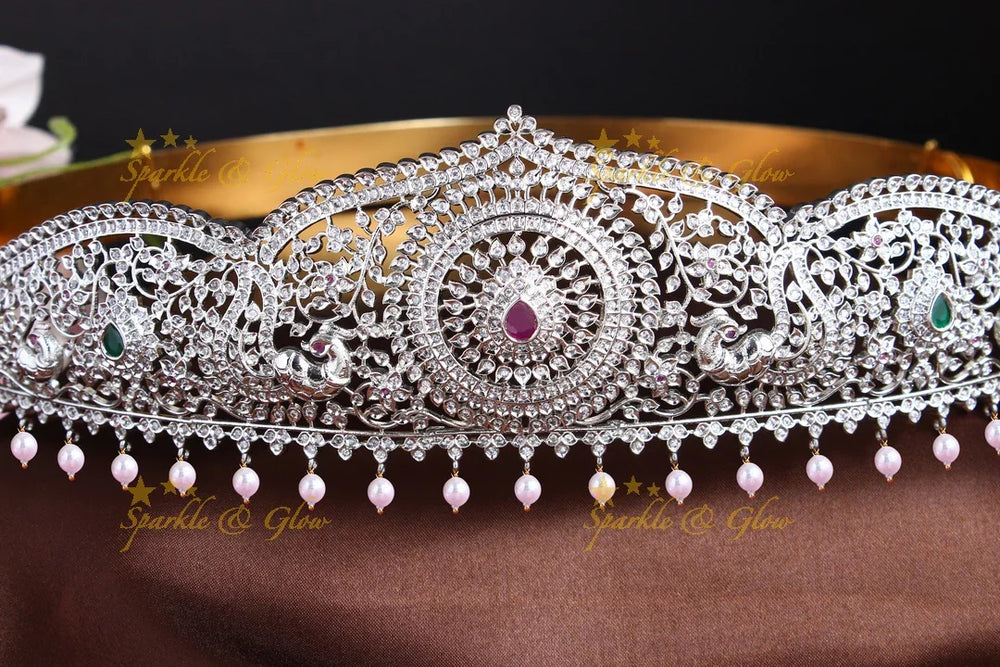Silver finish peacock carved leaf design hipbelt with pearls - Sparkle and Glow