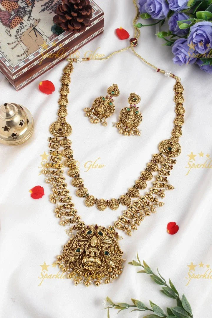 Two layered Lakshmi carved floral peacock necklace - Green - Sparkle and Glow