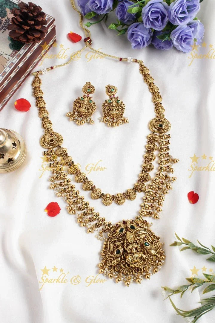 Two layered Lakshmi carved floral peacock necklace - Green - Sparkle and Glow