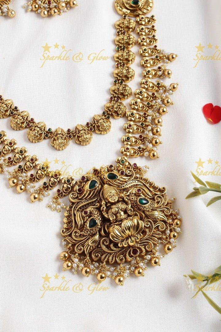 Two layered Lakshmi carved floral peacock necklace - Green - Sparkle and Glow