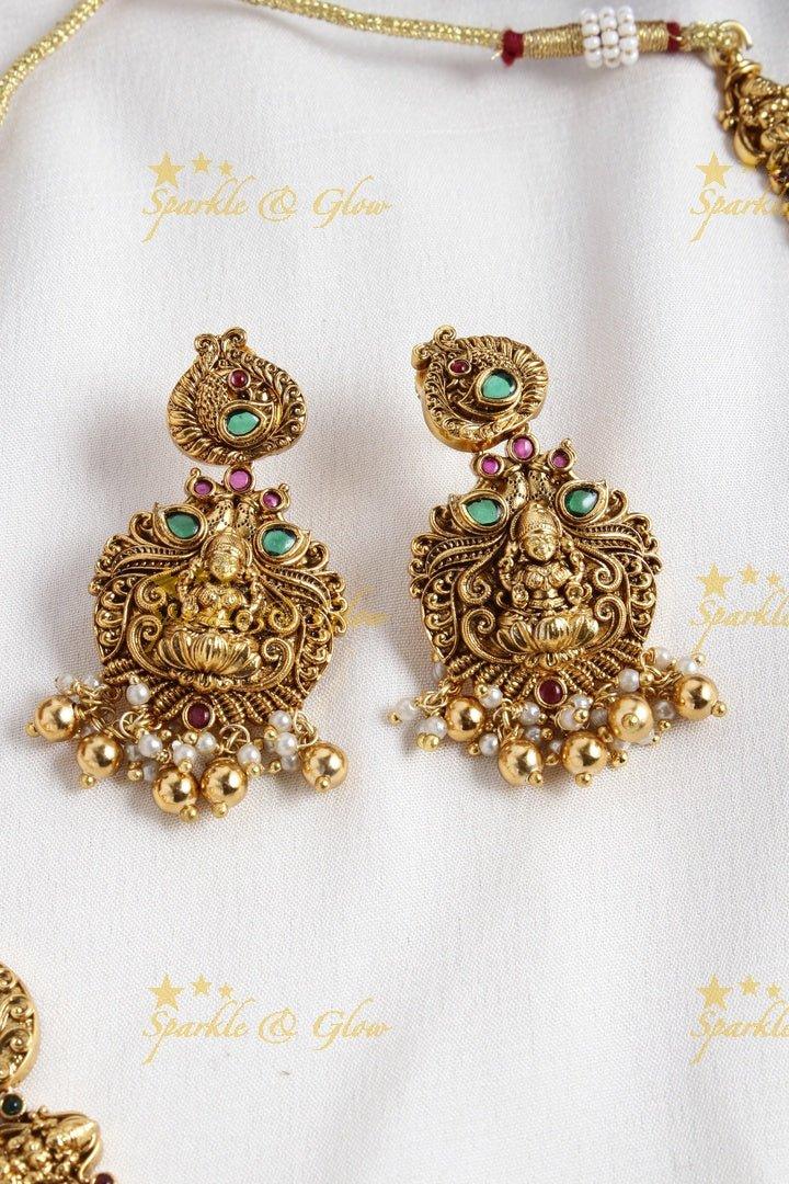 Two layered Lakshmi carved floral peacock necklace - Green - Sparkle and Glow