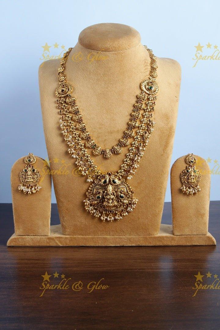 Two layered Lakshmi carved floral peacock necklace - Green - Sparkle and Glow