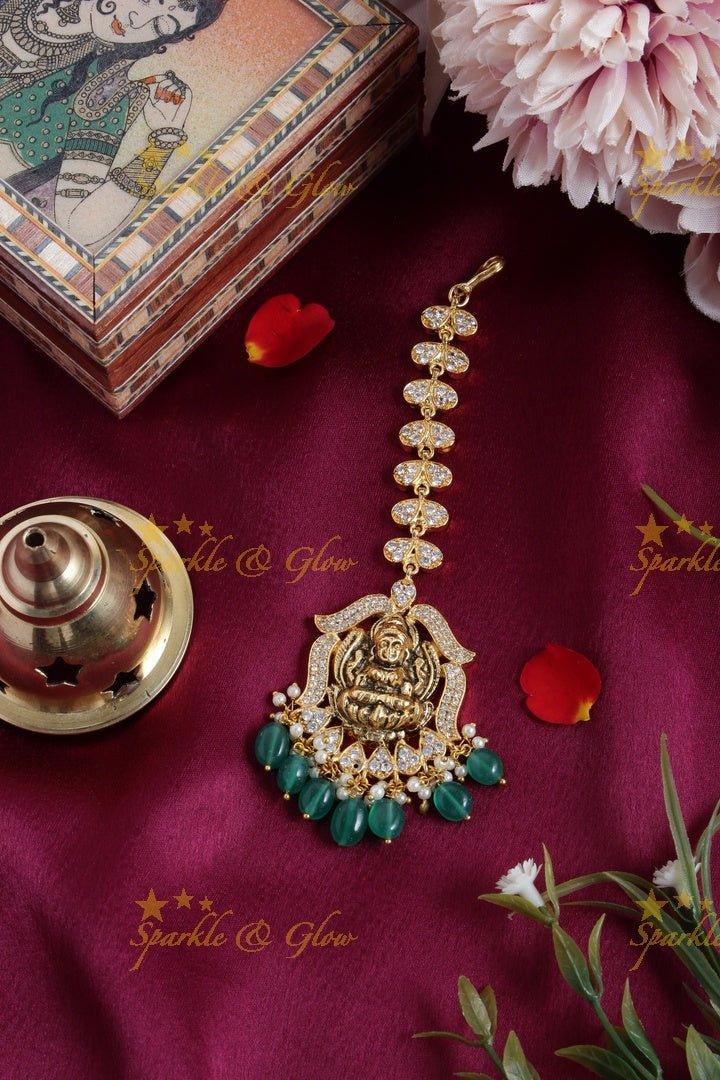 Gold alike leaf design Lakshmi carved green beads tikka - Sparkle and Glow