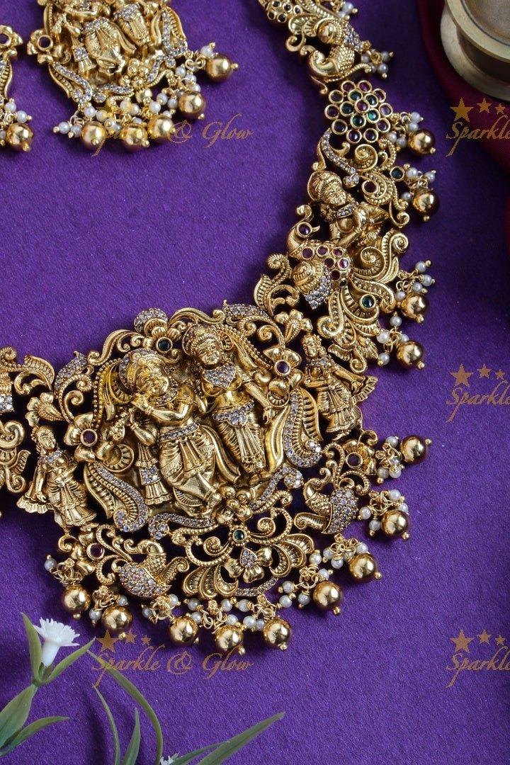 Gold alike short Lord RadhaKrishna carved floral pearl gold beads necklace - Sparkle and Glow