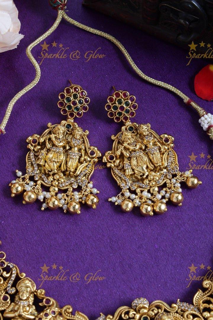 Gold alike short Lord RadhaKrishna carved floral pearl gold beads necklace - Sparkle and Glow