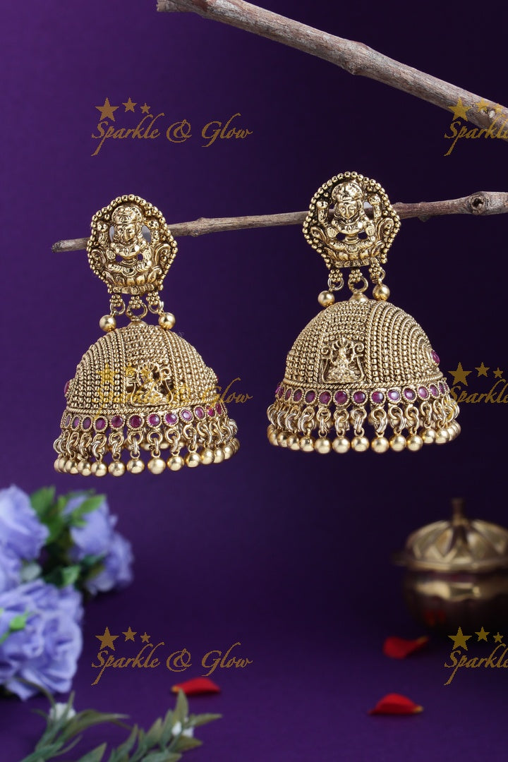 Gold alike Lakshmi studded gold bead cluster jhumkas