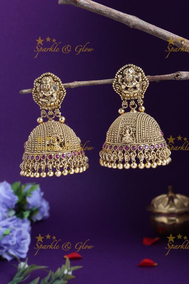 Gold alike Lakshmi studded gold bead cluster jhumkas - Sparkle and Glow