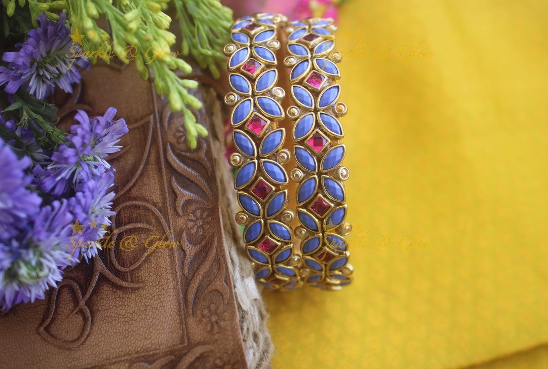 Silk thread flower design bangle a pair - Navy Blue Pink