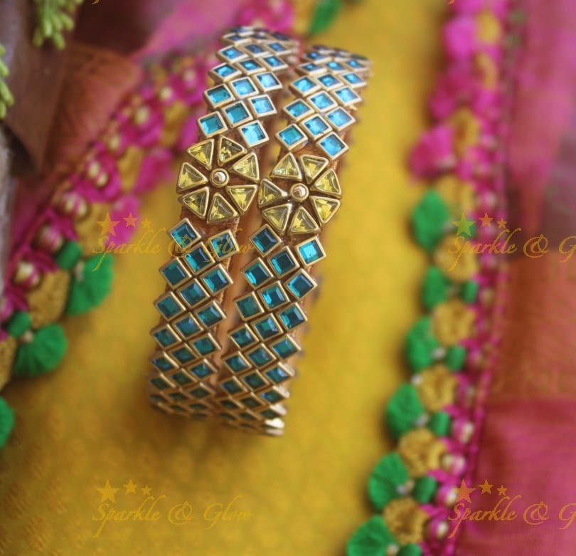 Silk thread center flower design square stone Kundan bangle a pair -Blue Yellow