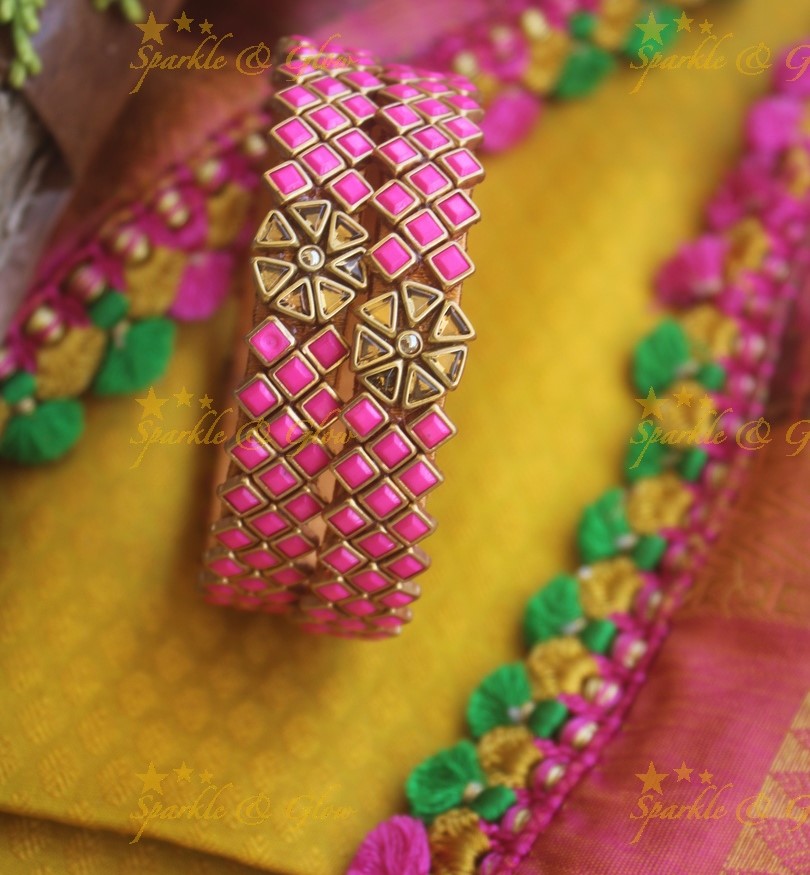 Silk thread center flower design square stone Kundan bangle a pair -Pink Yellow