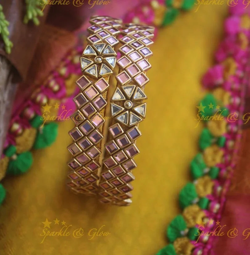 Silk thread center flower design square stone Kundan bangle a pair -Light PInk White - Sparkle and Glow