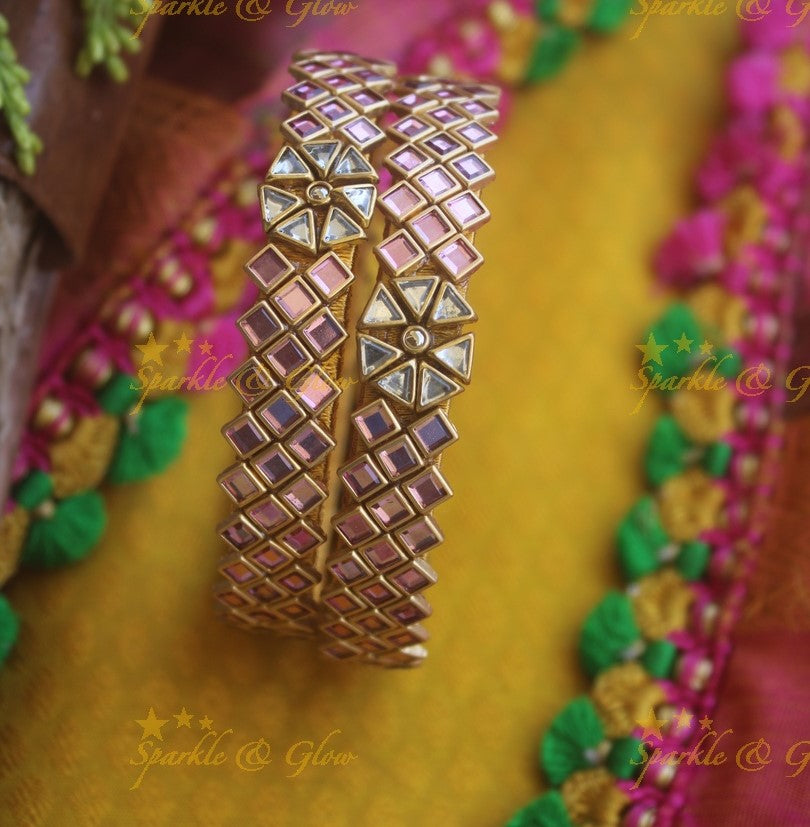 Silk thread center flower design square stone Kundan bangle a pair -Light PInk White