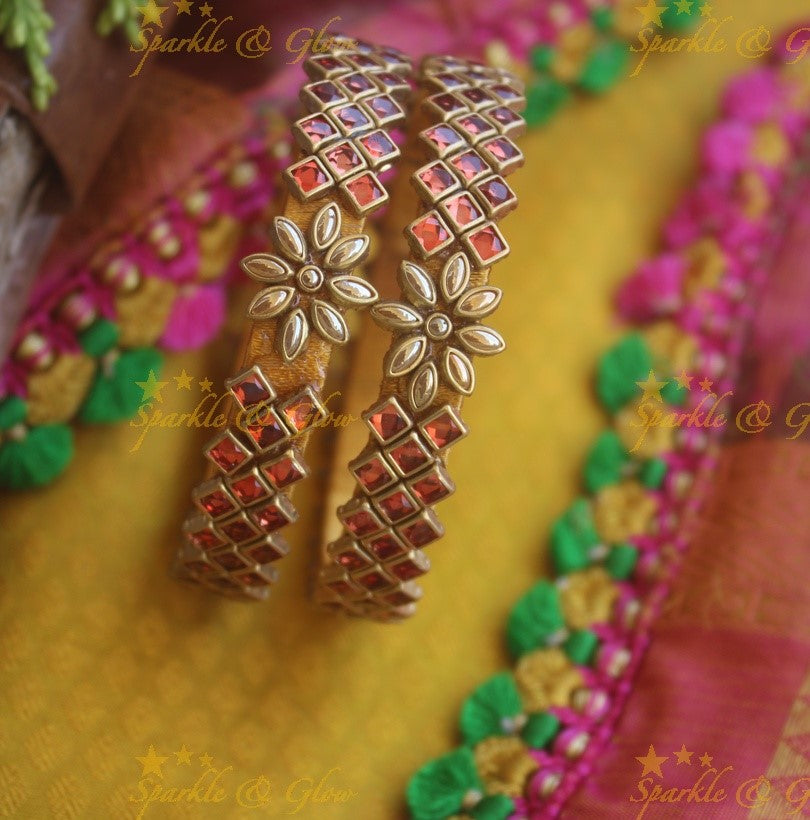 Silk thread center flower design square stone Kundan bangle a pair -Orange Pearl