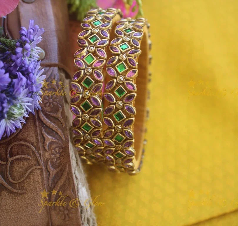 Silk thread flower design bangle a pair - Purple Green - Sparkle and Glow