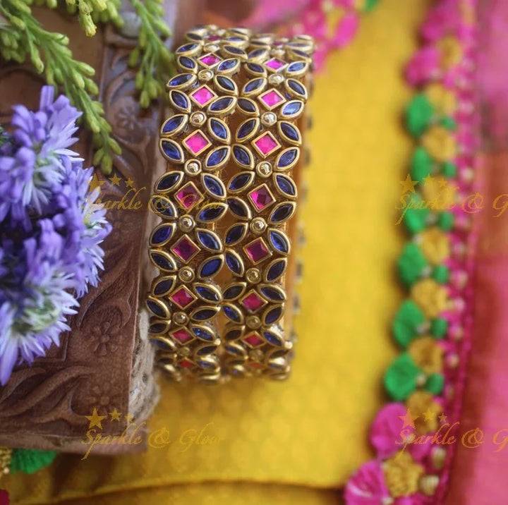 Silk thread flower design bangle a pair - Dark BLue PInk - Sparkle and Glow