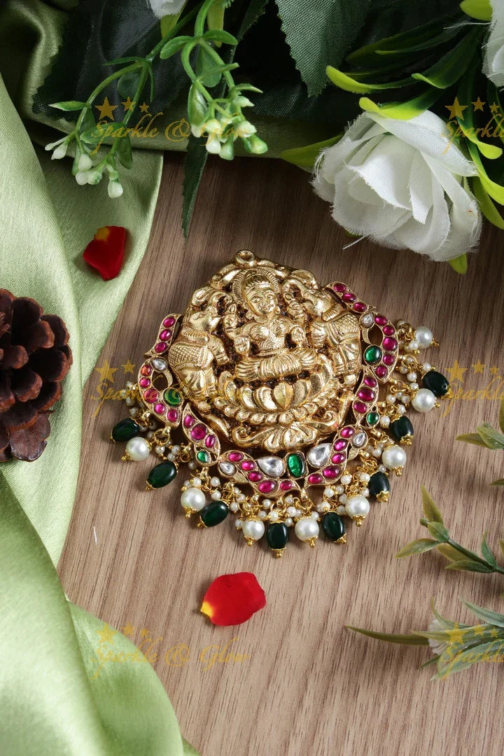 Gheru gold Lakshmi elephant carved black and pearl bead pendent set - Pink - Sparkle and Glow