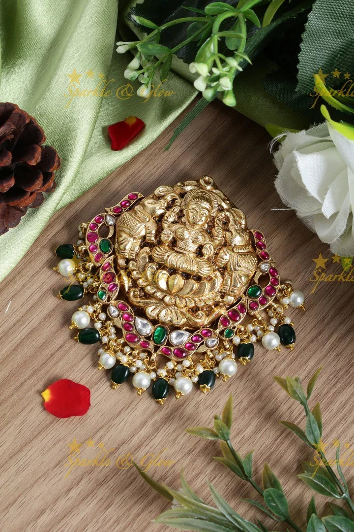 Gheru gold Lakshmi elephant carved black and pearl bead pendent set - Pink - Sparkle and Glow