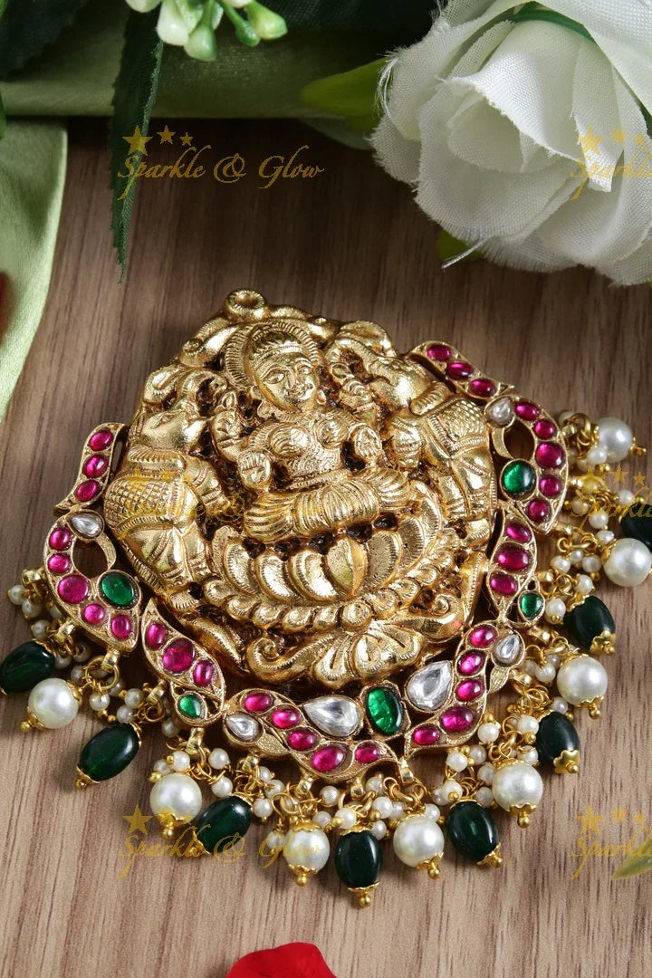 Gheru gold Lakshmi elephant carved black and pearl bead pendent set - Pink - Sparkle and Glow