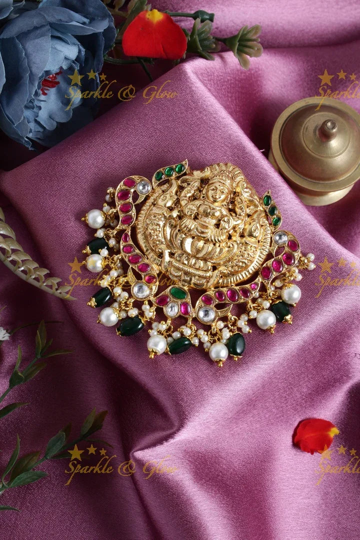 Gheru gold Lakshmi elephant carved black and pearl bead pendent set - Pink - Sparkle and Glow