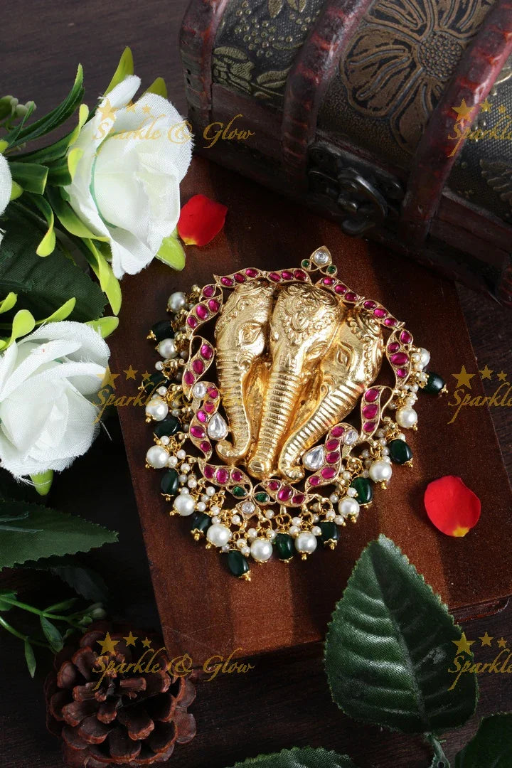 Gheru gold triple elephant carved pendent set - Pink - Sparkle and Glow