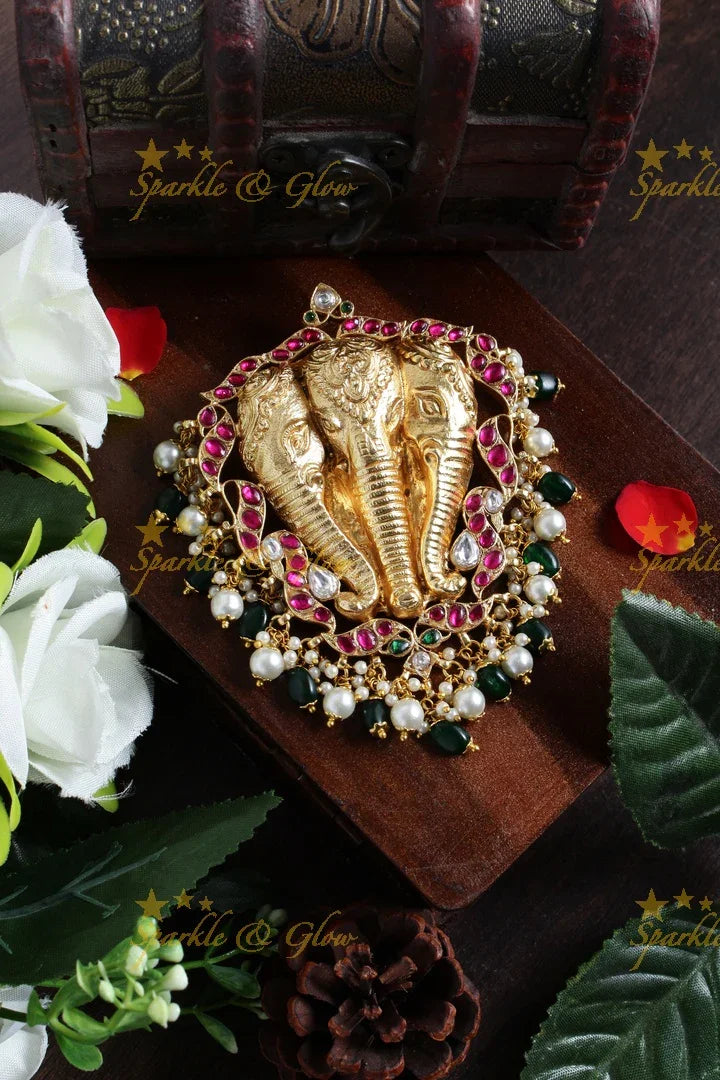 Gheru gold triple elephant carved pendent set - Pink - Sparkle and Glow