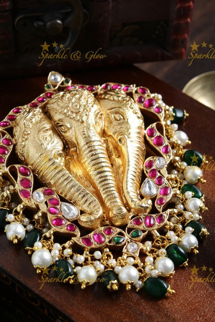Gheru gold triple elephant carved pendent set - Pink - Sparkle and Glow