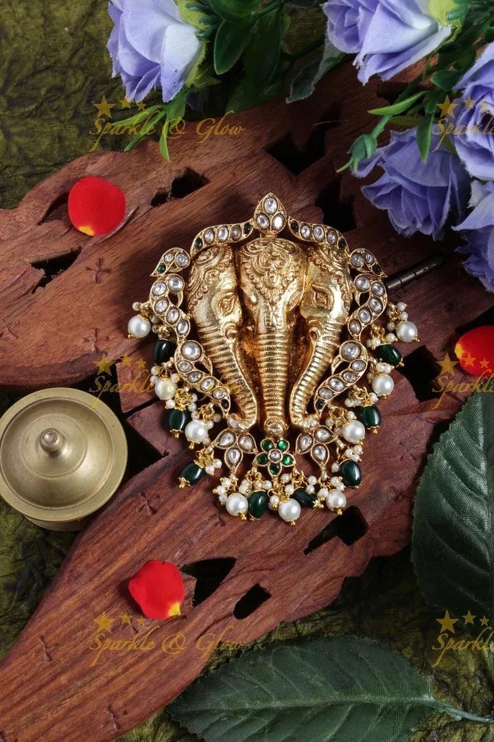 Gheru gold triple elephant carved pendent set - Pink - Sparkle and Glow