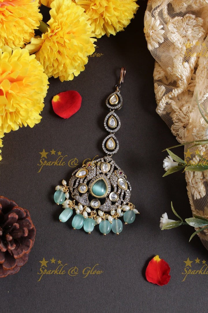 Oval design peacock carved victorian maang tikka - Mint Green - Sparkle and Glow -