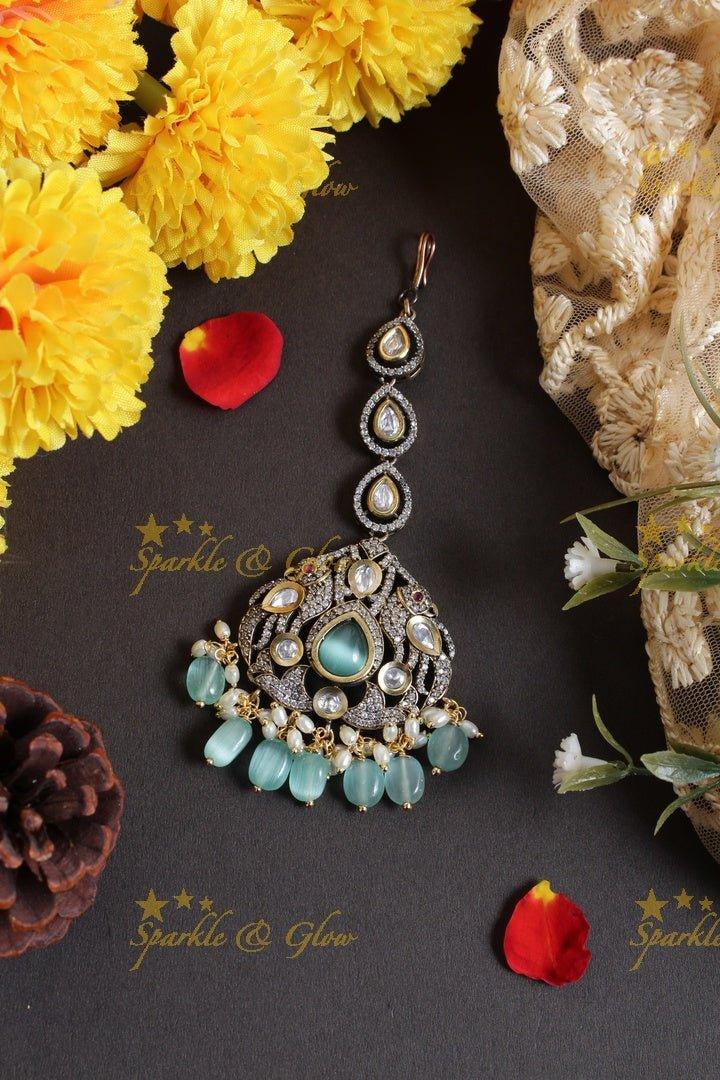 Oval design peacock carved victorian maang tikka - Mint Green - Sparkle and Glow