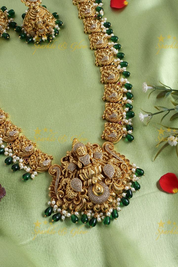 Gold alike peacock carved Lakshmi pendent green beads necklace - Sparkle and Glow