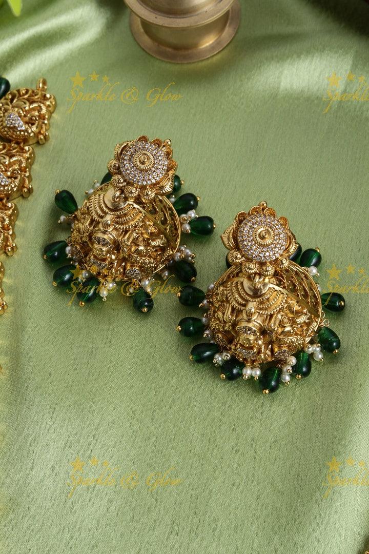 Gold alike peacock carved Lakshmi pendent green beads necklace - Sparkle and Glow
