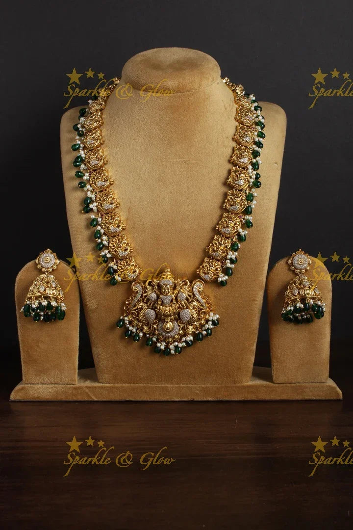 Gold alike peacock carved Lakshmi pendent green beads necklace - Sparkle and Glow