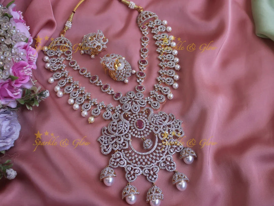 Two layered peacock floral jhumka design GJ polish necklace - Sparkle and Glow