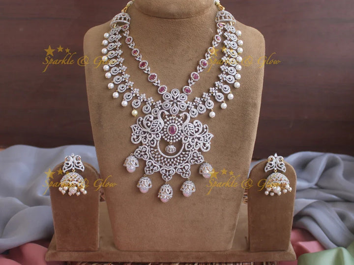 Two layered peacock floral jhumka design GJ polish necklace - Sparkle and Glow