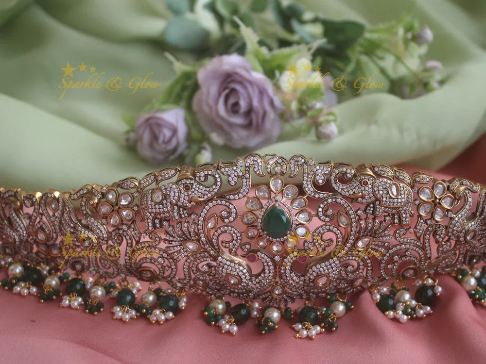 Beautiful Elephant peacock floral leaf design green beads black finish victorian ad hipbelt - Sparkle and Glow
