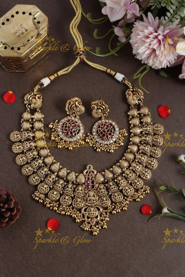 Gold alike Bridal Lakshmi coin necklace with green beads - Sparkle and Glow