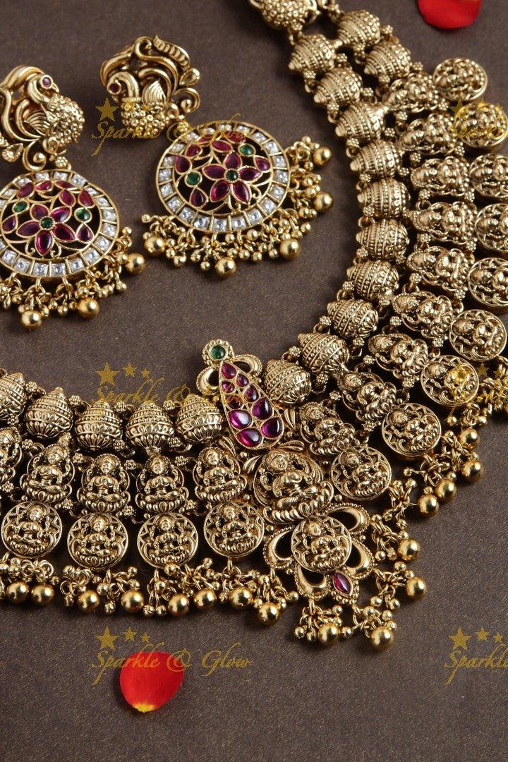 Gold alike Bridal Lakshmi coin necklace with green beads - Sparkle and Glow