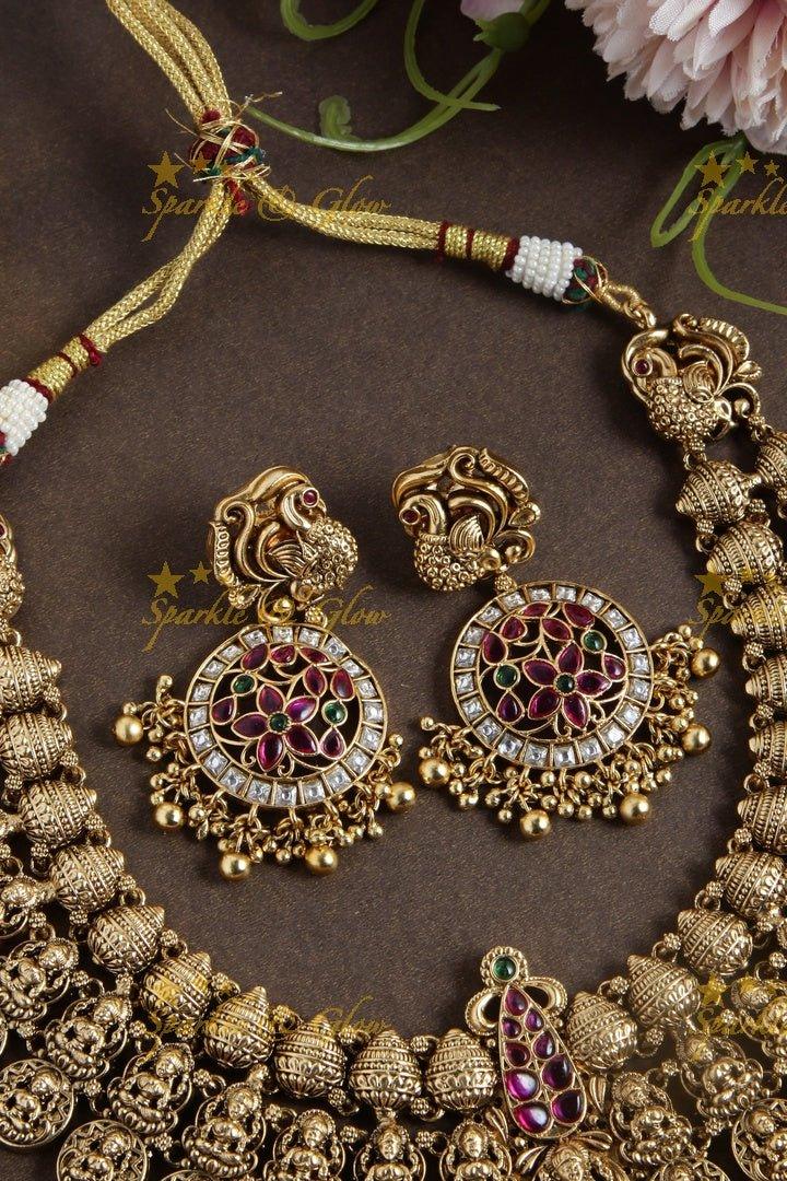 Gold alike Bridal Lakshmi coin necklace with green beads - Sparkle and Glow