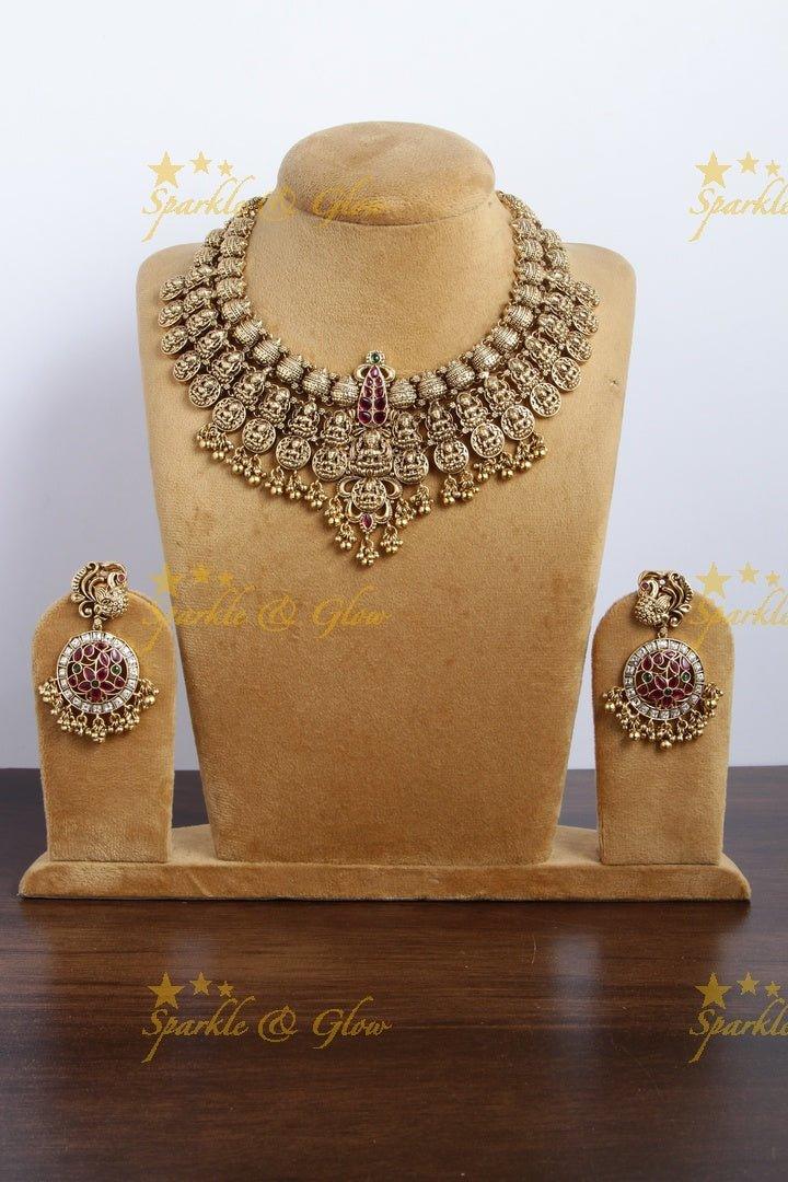 Gold alike Bridal Lakshmi coin necklace with green beads - Sparkle and Glow