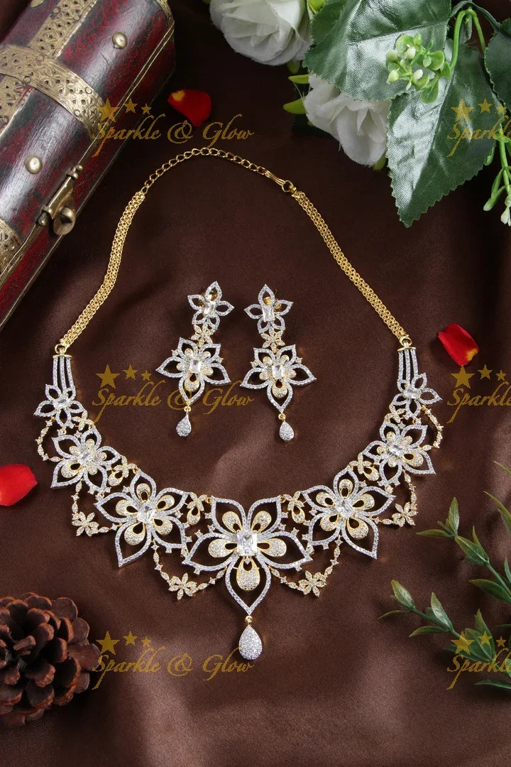 Alluring two tone floral AD necklace set - Sparkle and Glow