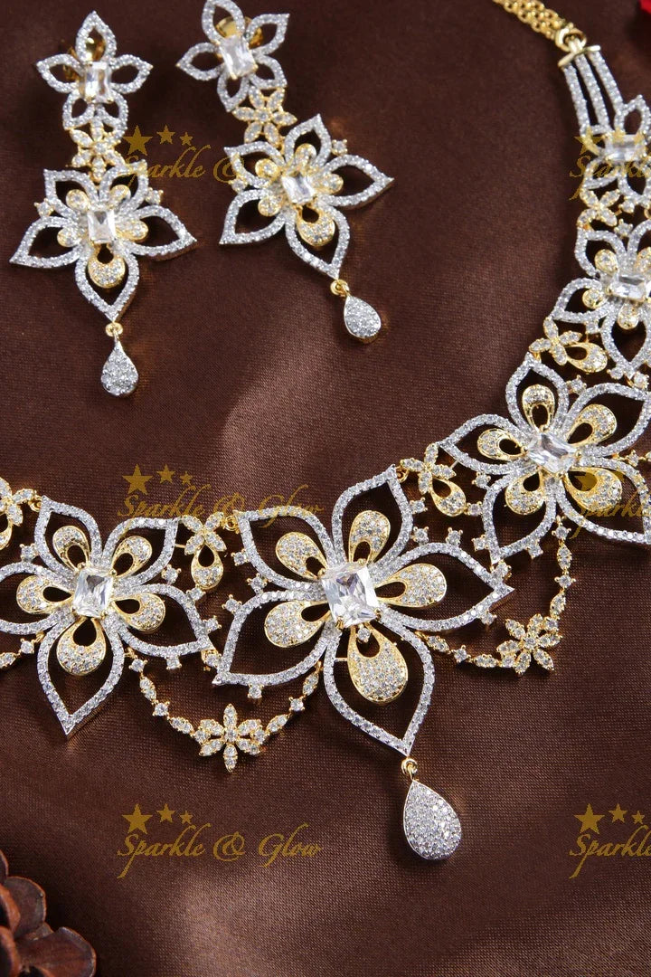 Alluring two tone floral AD necklace set - Sparkle and Glow