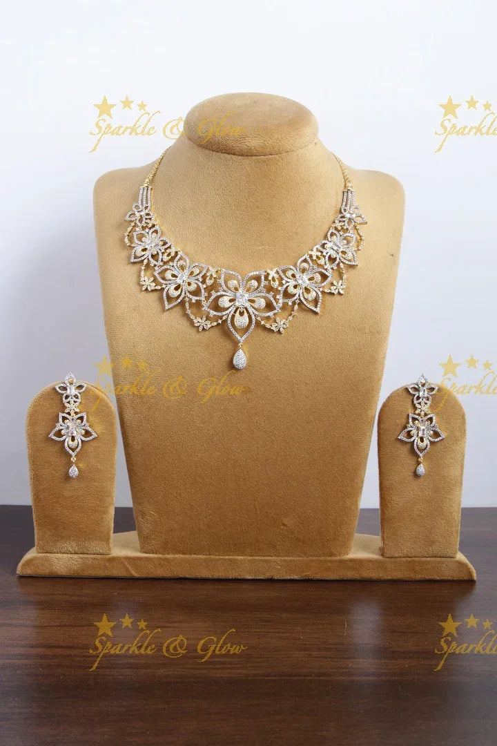 Alluring two tone floral AD necklace set - Sparkle and Glow