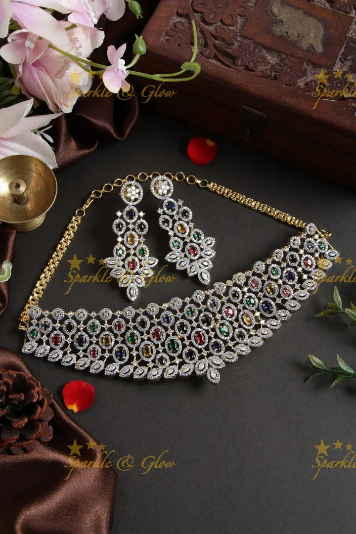 Beautiful two tone navarathna AD choker - Sparkle and Glow