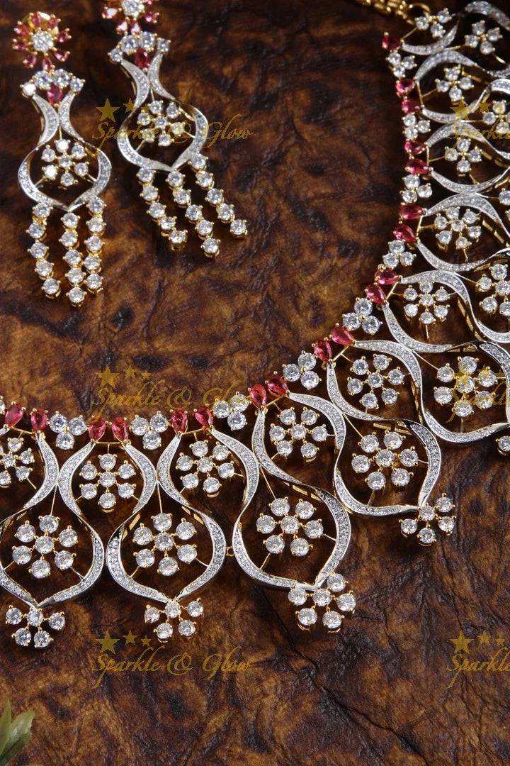 Gorgeous Two tone floral AD necklace with wine pink stones - Sparkle and Glow