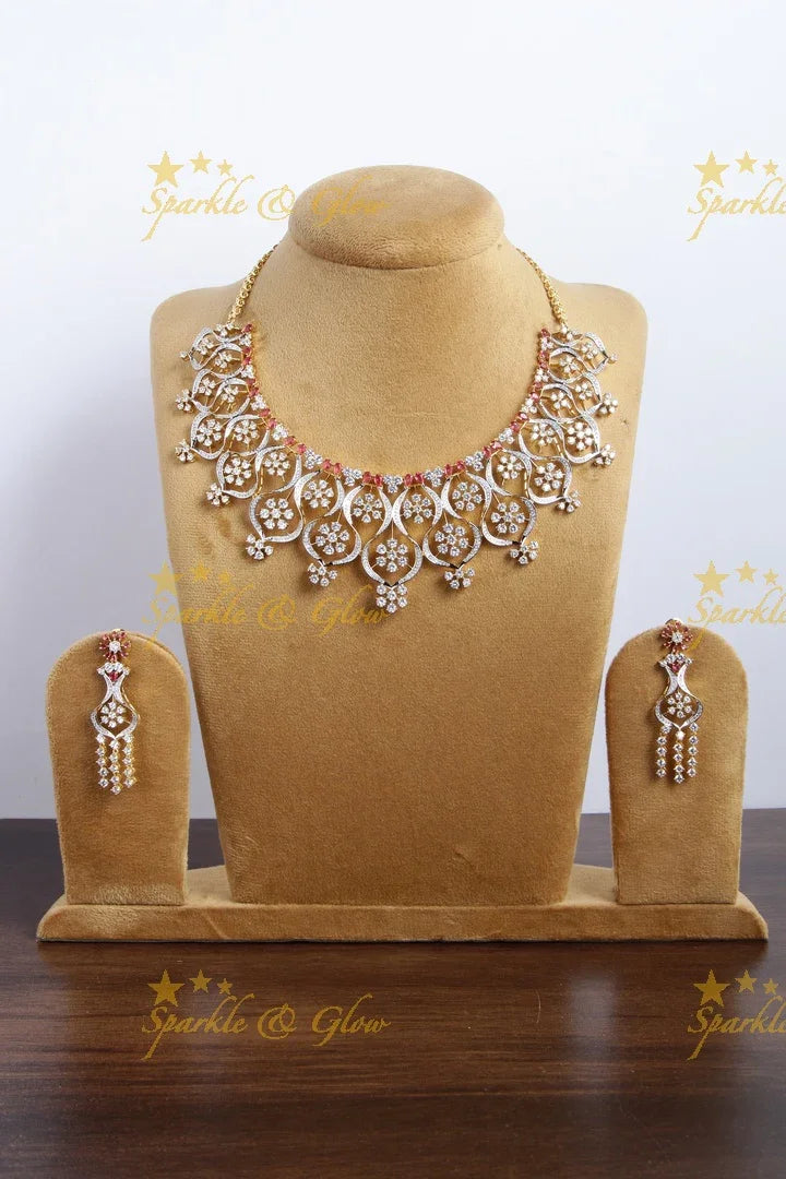 Gorgeous Two tone floral AD necklace with wine pink stones - Sparkle and Glow